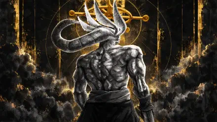 Mahoraga from Jujutsu Kaisen: towering horned demon-monster, muscular back view amid dark clouds and a golden sigil — 4K Ultra HD PC desktop wallpaper/background.