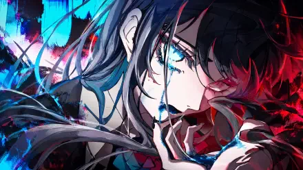 Vivid anime girl portrait in neon blue and red, tear-streaked eye and hand to her mouth — Best Adobum style 4K Ultra HD PC desktop wallpaper.