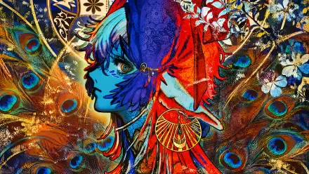 4K Ultra HD PC wallpaper: vivid portrait of an elf woman fused with peacock plumage, ornate earrings and floral blooms, evoking a Nico Nico singer aesthetic.