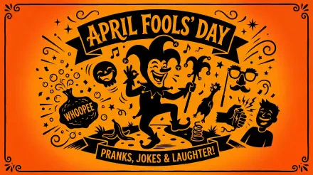 5K Ultra HD PC desktop wallpaper: orange April Fools' Day jester surrounded by prank props (whoopee cushion, joy buzzer), laughing faces and a Pranks, Jokes & Laughter! banner.
