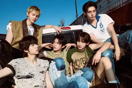 4K Ultra HD PC desktop wallpaper: group portrait of five young men lounging on a car, Color Outside the Lines aesthetic, Cortis tag, casual summer styling.