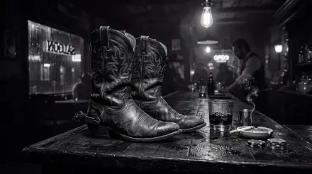5K Ultra HD PC desktop wallpaper/background: black-and-white saloon scene with worn cowboy boots on a bar table beside a glass and ashtray — cowboy boots, boot, cowboy boot.