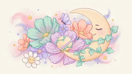 Cute pastel 2K Quad HD PC desktop wallpaper: smiling crescent moon entwined with vines amid pastel flowers, twinkling stars and a small butterfly.