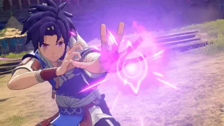 Fire Emblem: Fortune's Weave mage casting a glowing purple spell in a sunlit field — 4K Ultra HD PC desktop wallpaper/background, video game art.