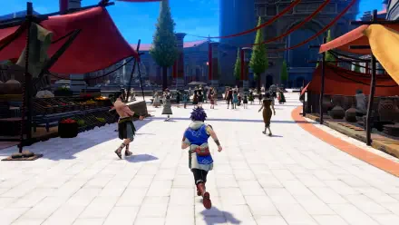 Fire Emblem: Fortune's Weave video game — blue-haired hero sprints down a sunlit market street past stalls and townsfolk, rendered as a 4K Ultra HD PC desktop wallpaper/background.
