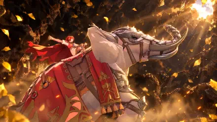 Anna (Fire Emblem) in Fire Emblem: Fortune's Weave atop an ornate armored horse amid golden, drifting leaves — 4K Ultra HD PC desktop wallpaper.