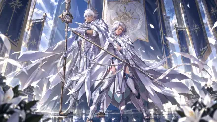 4K Ultra HD PC desktop wallpaper/background of Eshmel from Fire Emblem: Fortune's Weave — two anime knights in white armor and flowing cloaks before luminous cathedral windows.