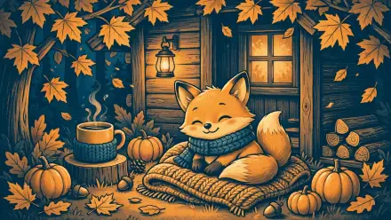 HD PC desktop wallpaper: a cozy fall/autumn scene of a smiling fox in a scarf curled on a blanket outside a wooden cabin, surrounded by pumpkins, fallen leaves and a steaming mug.