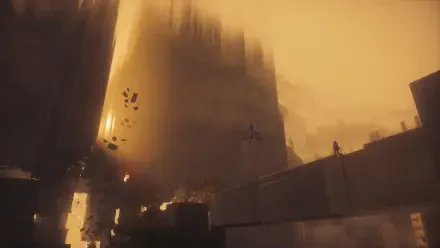 Control Resonant 4K Ultra HD PC desktop wallpaper and background: a monolithic building veiled in drifting smoke and amber haze, silhouetted figures on a concrete ledge.