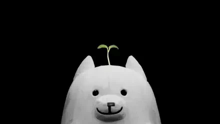 Deltarune-style white plush cat toy with a tiny sprout on its head, smiling stuffed animal on a black backdrop — 4K Ultra HD PC desktop wallpaper.
