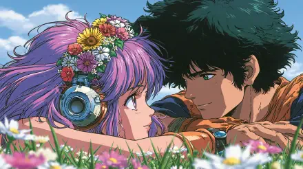 Anime couple in love lying in a flower meadow, purple-haired girl with headphones and floral crown and a dark-haired boy in a tender gaze — 2K Quad HD PC desktop wallpaper/background