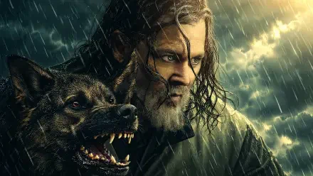 Day Drinker 4K Ultra HD PC desktop wallpaper: rugged bearded man beside a snarling wolf in stormy rain, cinematic moody lighting.