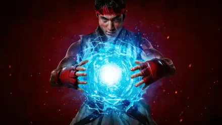 Ryu from Street Fighter (2026) charging a glowing blue Hadouken, 4K Ultra HD PC desktop wallpaper with dramatic red backdrop.