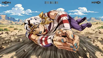 4K Ultra HD PC desktop wallpaper/background of anime Steel Ball Run: Johnny Joestar reimagined as a woman sprinting across a dusty desert in dramatic, colorful motion.