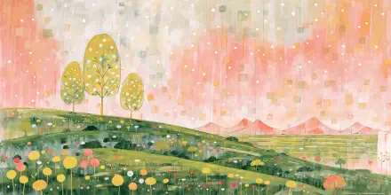 Minimalist spring landscape: stylized trees on rolling green hills and a dotted wildflower field beneath a pastel sky — 2K Quad HD PC desktop wallpaper/background.