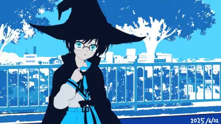 HD PC desktop wallpaper of Yuki Nagato (Suzumiya Haruhi no Shoushitsu) wearing a witch hat and cloak, set against a blue, Persona 3 Reload–inspired cityscape.