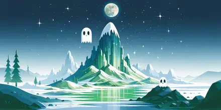 Spooky-cute 2K Quad HD PC desktop wallpaper: moonlit crystalline mountain rising from a glassy lake, twinkling stars and two floating cartoon ghosts.