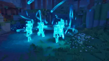 HD PC desktop wallpaper from Minecraft Dungeons II showing glowing blue ghost spirits—three spectral warriors drifting through a moonlit forest clearing.
