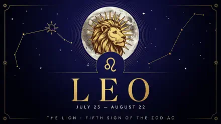 2K Quad HD PC wallpaper: golden lion medallion and Leo zodiac glyph against a starry navy background with constellation lines, LEO and dates July 23–August 22.