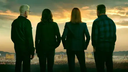 CSI: Crime Scene Investigation 4K Ultra HD PC desktop wallpaper showing four investigators standing shoulder-to-shoulder, backs to camera, overlooking a city at sunset.