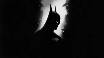 Moody black-and-white silhouette of Batman from Batman: Caped Crusader, backlit halo highlighting his cowl and bat emblem — 4K Ultra HD PC desktop wallpaper.