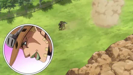 HD PC wallpaper from Steel Ball Run anime showing Gyro Zeppeli's inset profile and a tiny figure crossing a sunlit grassy plain kicking up dust.