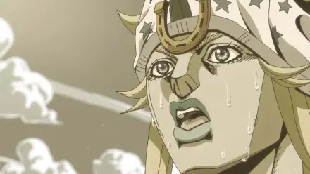 HD PC desktop wallpaper portrait of Gyro Zeppeli (Steel Ball Run), anime-style close-up with sweat, shocked expression, horseshoe headscarf and cloudy sky background.
