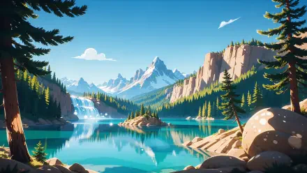 4K Ultra HD PC desktop wallpaper: peaceful nature scene with a mountain range reflected in a turquoise lake, cascading waterfall, and dense pine forest under a clear blue sky.
