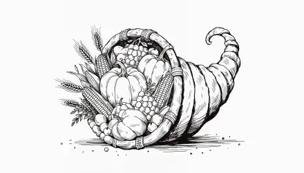 Black-and-white sketch of a cornucopia overflowing with pumpkins, ears of corn and grapes, symbolizing the harvest — 4K Ultra HD PC Desktop Wallpaper and Background.