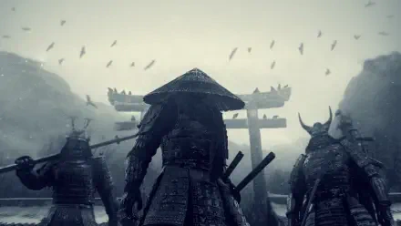 HD PC desktop wallpaper background, movie Sucker Punch: three armored samurai stand before a torii gate in mist as crows circle, moody monochrome battlefield scene.