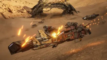 Star Wars: Galactic Racer hover vehicle racing through a desert battle, sparks and blaster fire streaking past other craft — 4K Ultra HD PC desktop wallpaper and background.
