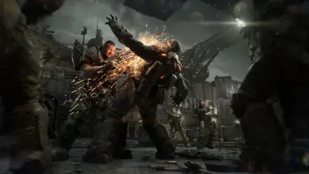 Gears of War: E-Day — armored warriors clash in an explosive urban battle as one soldier chainsaws an enemy; 2K Quad HD PC desktop wallpaper/background.