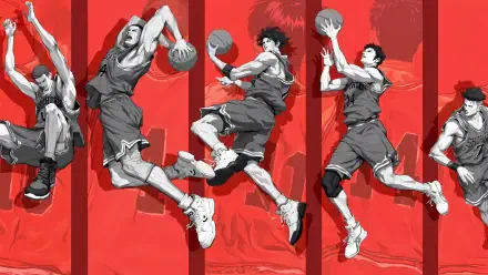 Slam Dunk players leaping for mid-air dunks across bold red panels — dynamic 4K Ultra HD PC desktop wallpaper and background.