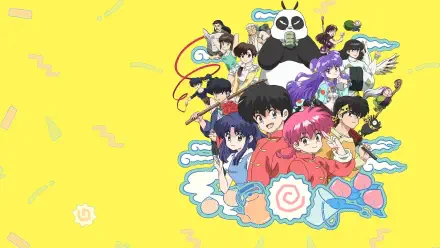 Ranma ½ 4K Ultra HD PC desktop wallpaper and background: vibrant collage of Ranma, Akane, Genma (panda) and friends on a bright yellow field with cloud and swirl motifs.