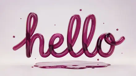 Glossy magenta 3D hello script typography floating above a reflective puddle on a minimalist pale backdrop — 4K Ultra HD PC desktop wallpaper/background.