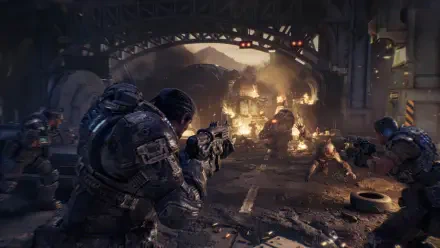 Gears of War: E-Day — armored soldier firing a gun amid explosions and wreckage in a ruined city street, 4K Ultra HD PC desktop wallpaper/background.