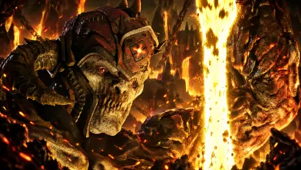 4K Ultra HD PC desktop wallpaper: Gears of War: E-Day locust demon — hulking armored monster amid molten ruins and a column of searing lava.