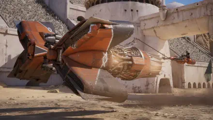 4K Ultra HD PC Desktop Wallpaper and Background showing a Star Wars: Galactic Racer orange spacecraft/vehicle hovering over a dusty desert courtyard framed by stone-built sci‑fi architecture.