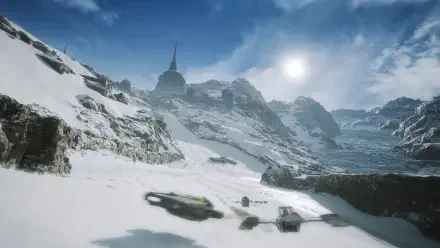 Star Wars: Galactic Racer 4K Ultra HD PC desktop wallpaper background — snowbound mountain and glacier landscape, bright sun and hover racers streaking across a frozen alpine valley.