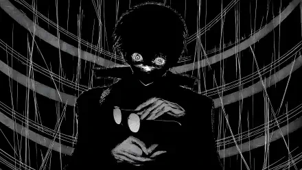 Tokyo Ghoul:re 4K Ultra HD PC desktop wallpaper — shadowed ghoul with glowing eyes holding glasses against a stark, web-like striped background.