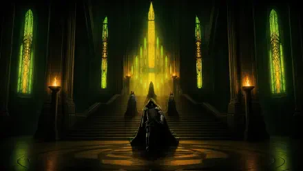 Avengers: Doomsday 4K Ultra HD PC desktop wallpaper featuring a lone figure before a glowing throne in a dark, emerald-lit hall.