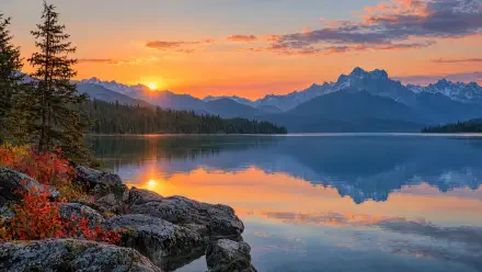 Peaceful mountain lake at sunset reflected in still water, a 4K Ultra HD PC desktop wallpaper and landscape background.