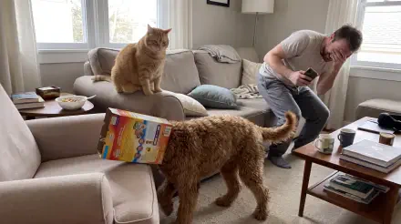 Funny cat walks with a cardboard box over its head as another cat watches and a man laughs, 5K Ultra HD desktop wallpaper background.