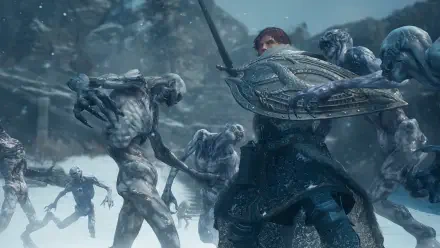 Dragon’s Dogma 2: Dark Arisen 4K Ultra HD PC wallpaper of a warrior battling monsters in a snowy landscape.