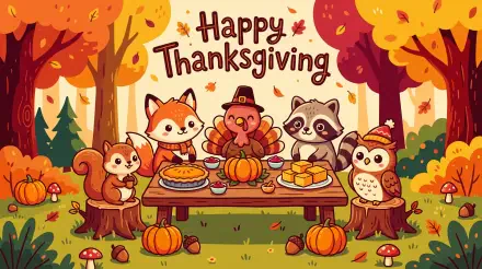 Cute Thanksgiving turkey feast with forest animals and “Happy Thanksgiving” text, in a 5K Ultra HD PC desktop wallpaper background.