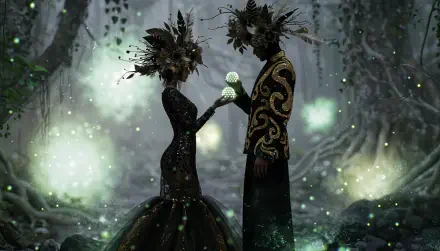 Halloween couple in ornate costumes holding a glowing orb in a misty forest, 4K Ultra HD PC desktop wallpaper and background.