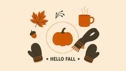 Hello Fall 4K Ultra HD PC desktop wallpaper with an illustrated pumpkin, autumn leaves, steaming mug, and cozy gloves on a warm cream background.