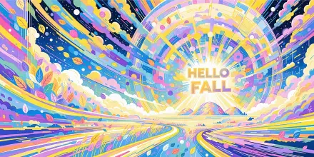 Colorful “Hello Fall” 4K Ultra HD PC desktop wallpaper featuring a radiant abstract autumn landscape and flowing multicolor paths.
