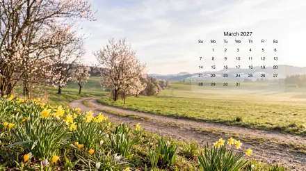 March 2027 calendar over a spring landscape of yellow daffodils and flowering trees, 5K Ultra HD desktop wallpaper