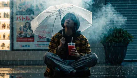 Otaku-inspired 2K Quad HD PC desktop wallpaper of a woman sitting in the rain beneath a clear umbrella, holding a drink.